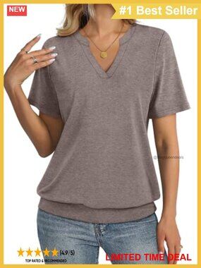 Womens V-Neck Short Sleeve Banded Bottom T-Shirt Soft Summer Top